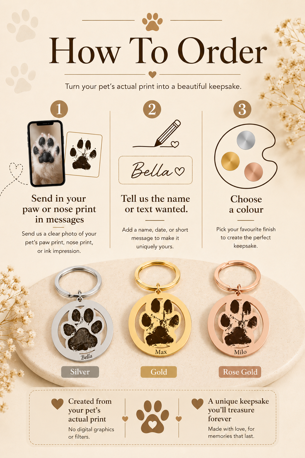 Custom cut paw or nose print keyring.