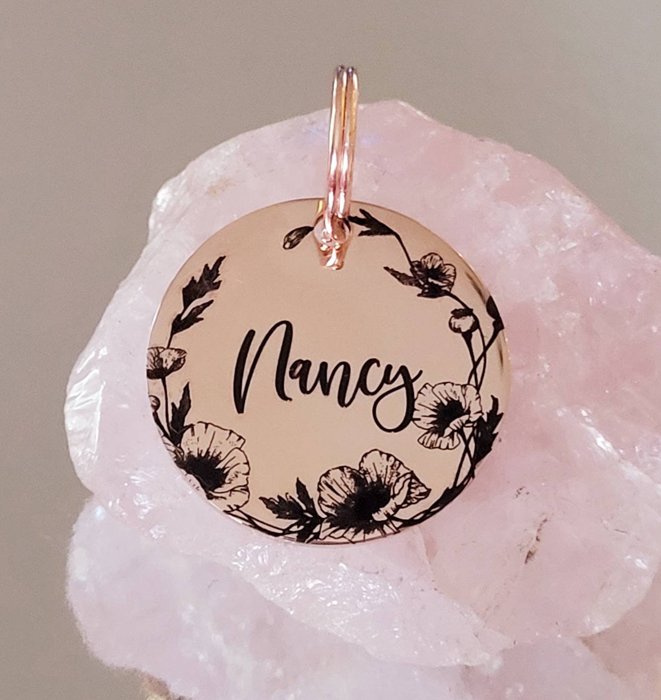 POPPY pet ID tag, with poppy wild flower border design. Silver, Gold, ARose Gold stainless Steel. Dog tag| cat