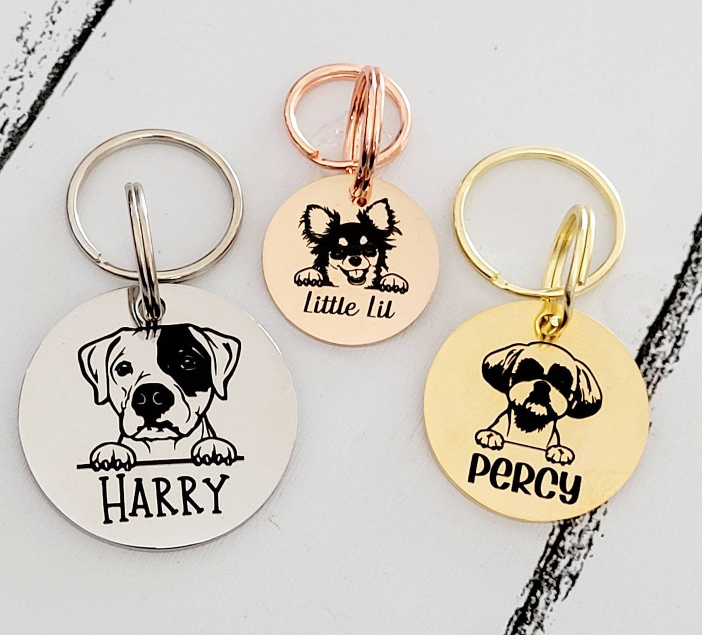 PUG Dog heads personalised ID tags laser engraved, stainless steel available in silver, gold and rose gold