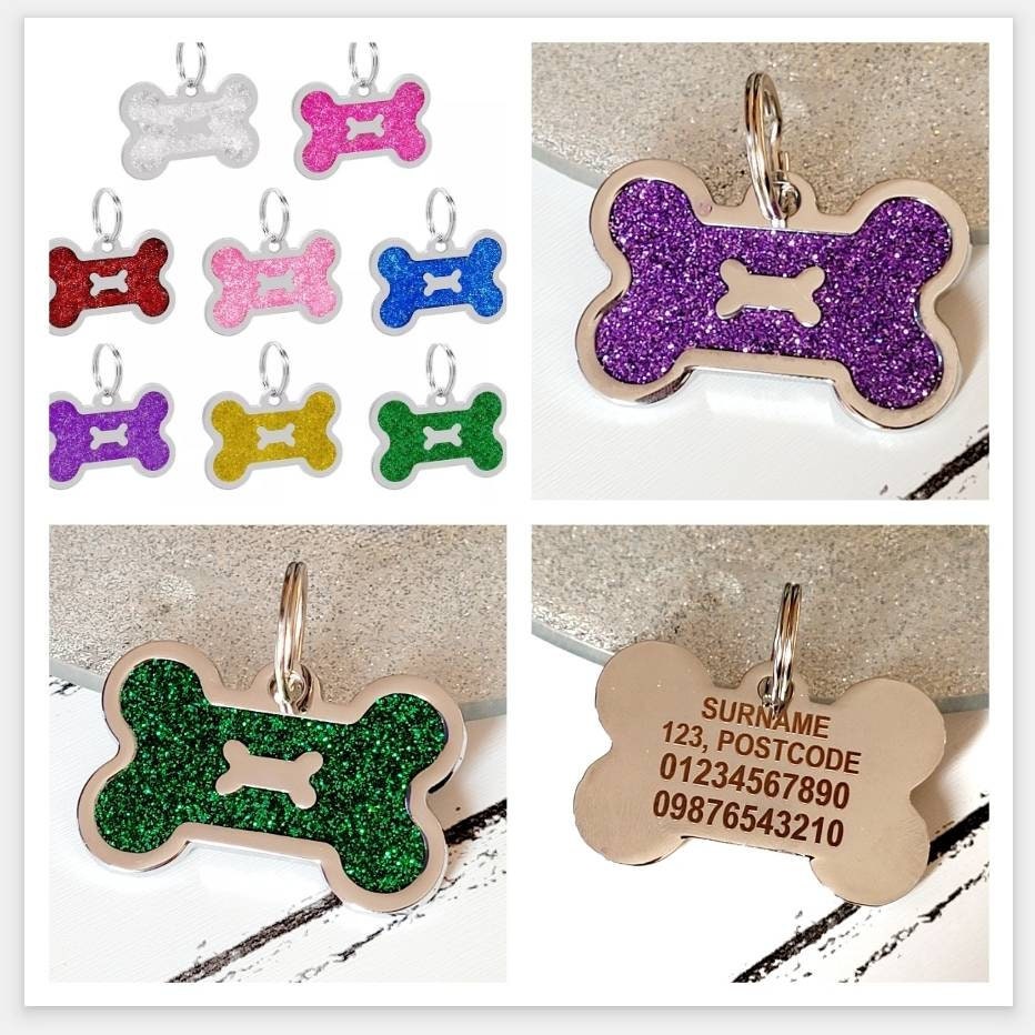 Quality coloured green sparkly bone dog ID tag, laser engraved.