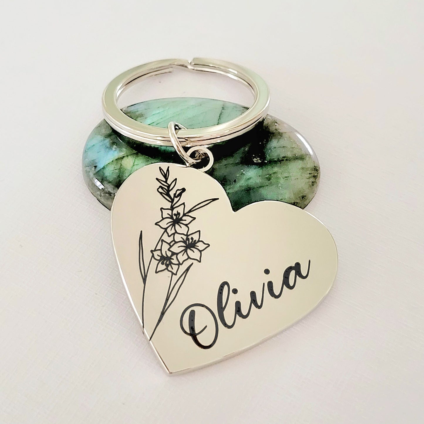 Birth flower keyring, with personalised message. ROSE, other flowers available.