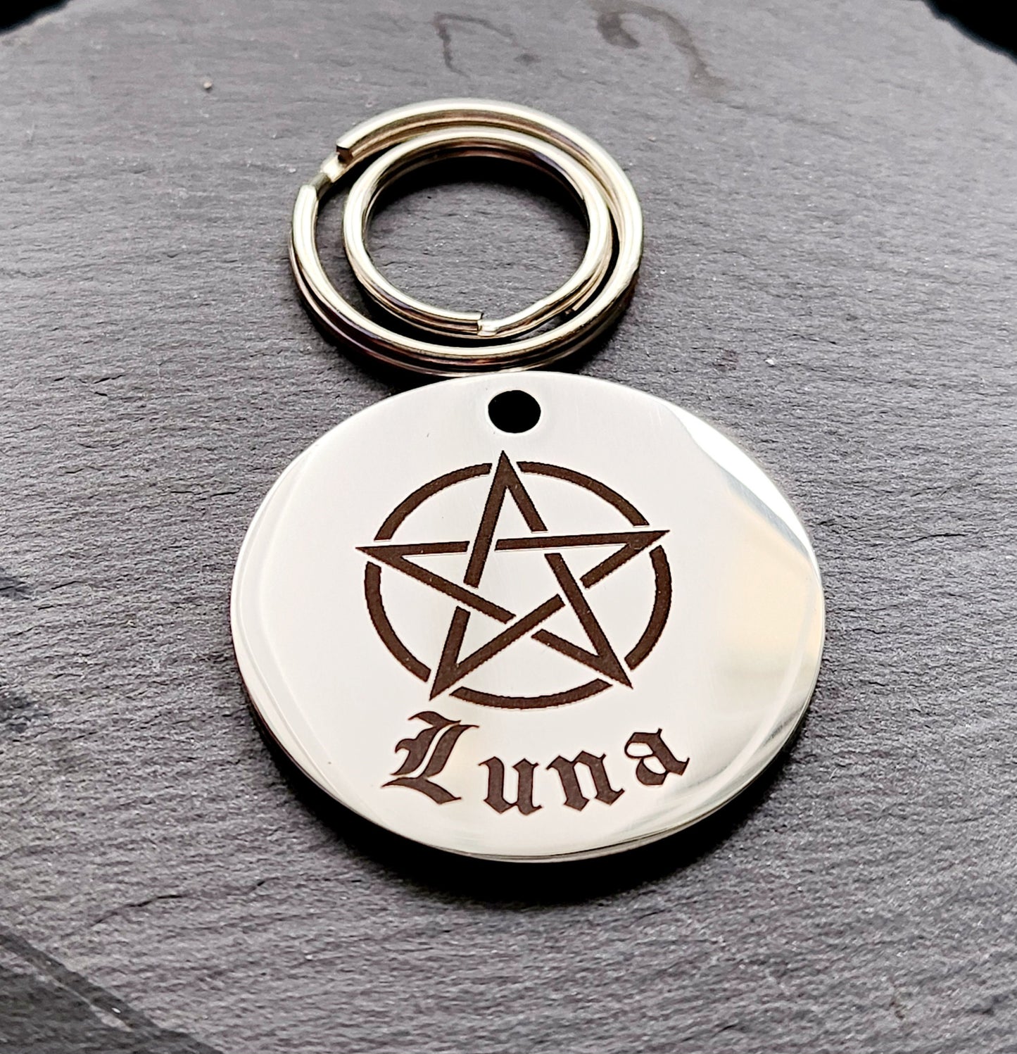 Witchcraft familiar with pentagram design. Available in silver, gold, rose gold or black stainless Steel