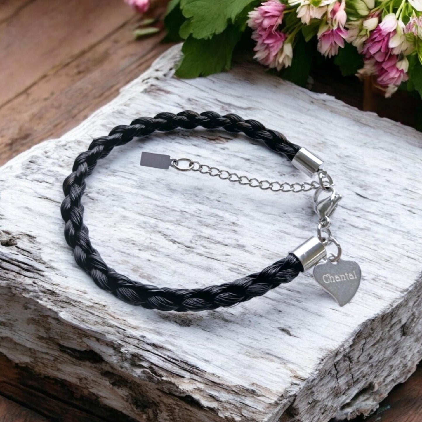 Horse hair / tail woven bracelet with engraved heart fob. GOLD stainless steel