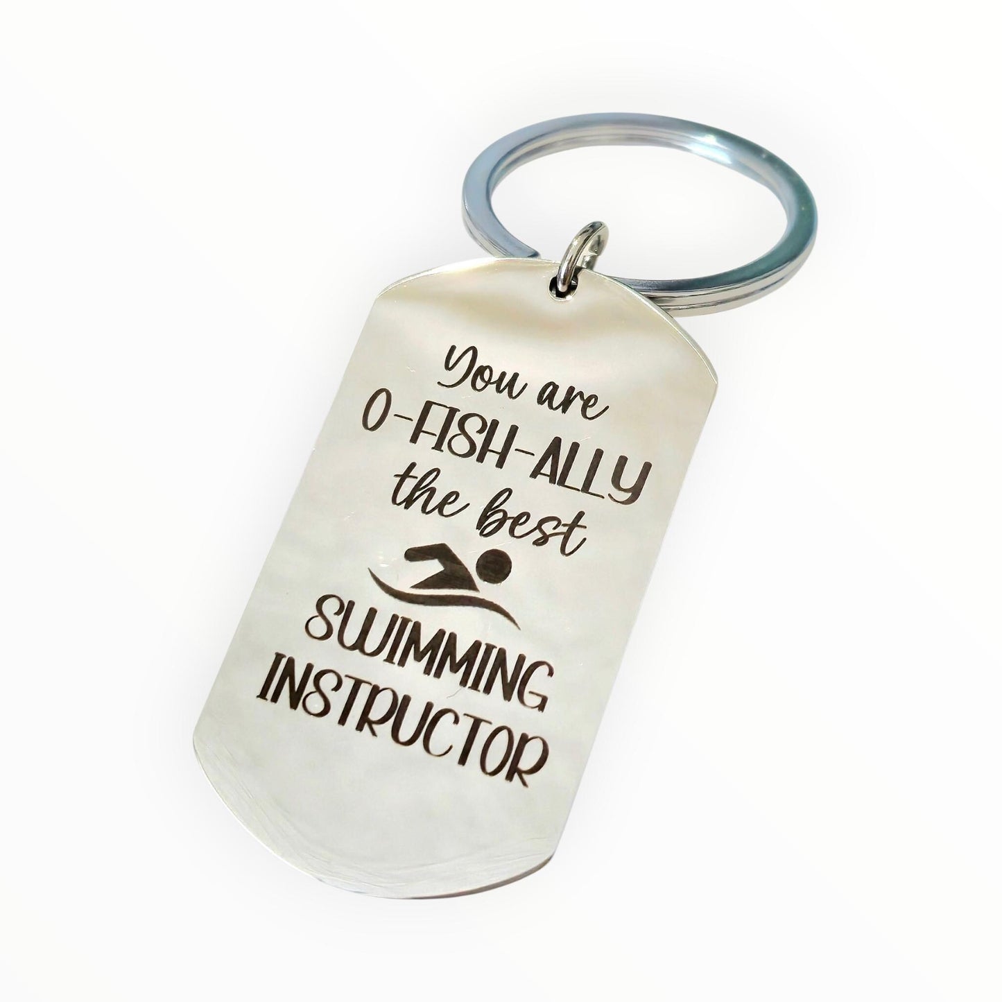 Swimming instructor Keyring. With optional message on the back. Swimming gift. Can be personalised to different words.