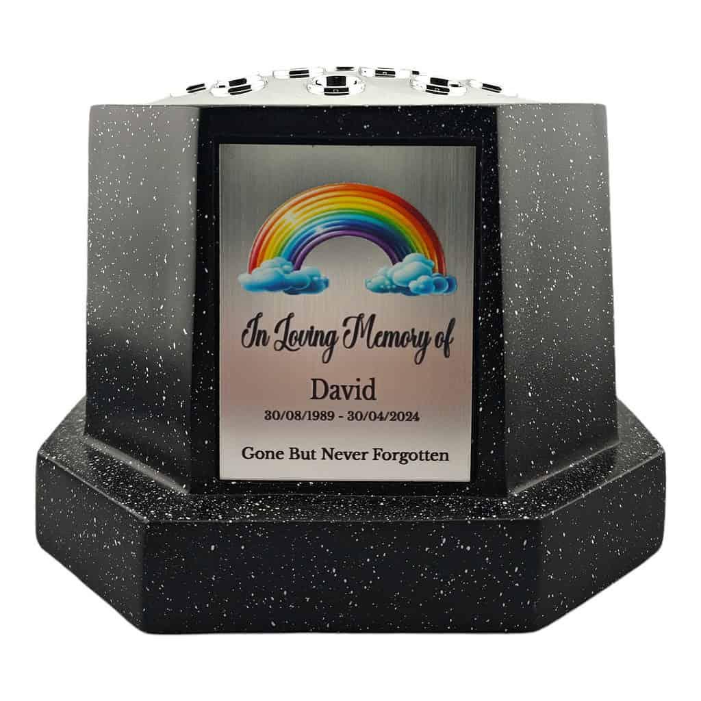 Personalised Rainbow Black Octagon Memorial Rose Bowl Grave Vase with Silver Lid | Custom Grave Flower Holder | In Loving Memory Vase