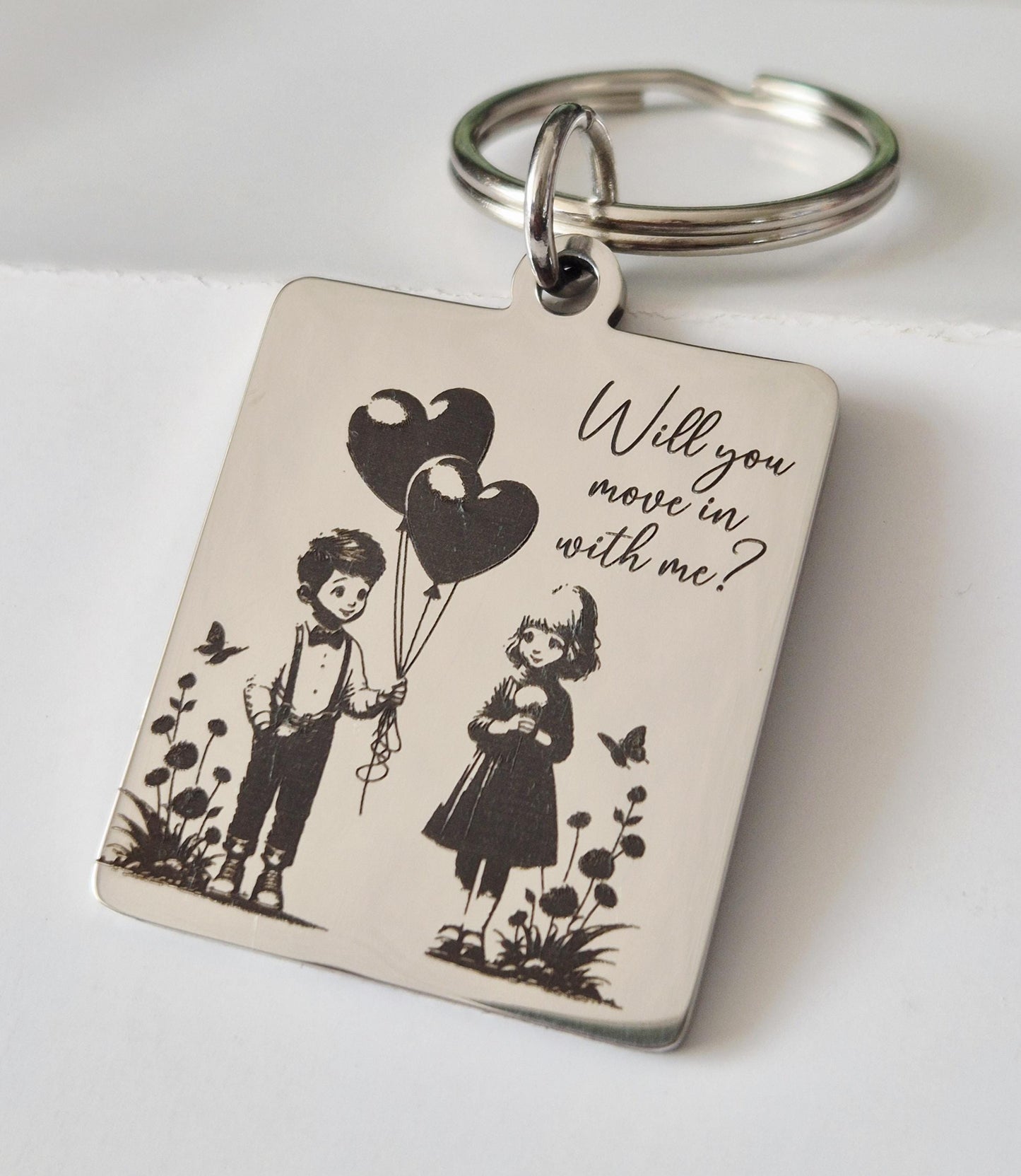 Will You Move In With Me Keyring – Cute Couple Design, 30x32mm Stainless Steel Engraved Rectangle, Romantic Proposal Gift, Couples Keychain