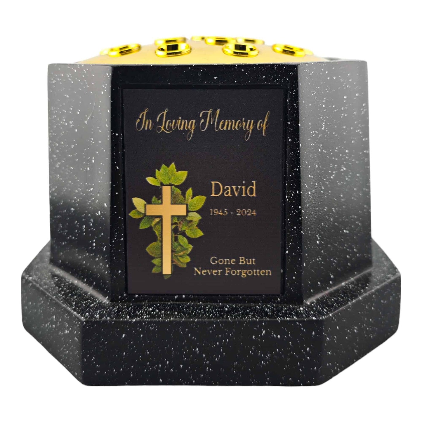 Personalised Black Octagon Memorial Rose Bowl Grave Vase with Gold Lid | Custom Grave Flower Holder | In Loving Memory Cross Vase