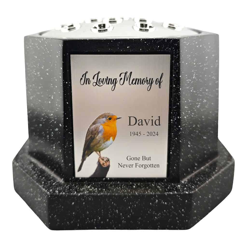 Personalised Robin Black Octagon Memorial Rose Bowl Grave Vase with Silver Lid | Custom Grave Flower Holder | In Loving Memory Vase