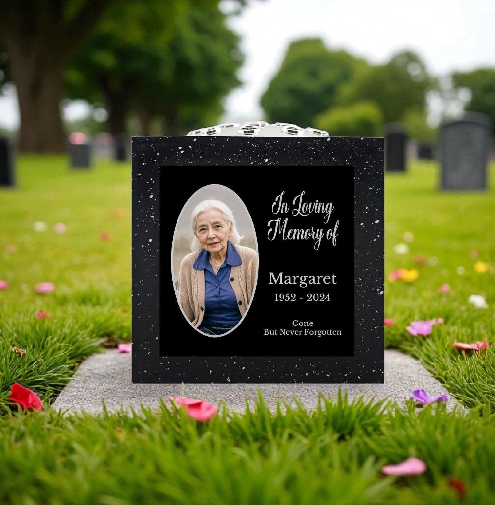 Personalised Photo Memorial Rose Bowl Grave Vase with Silver Lid | Custom In Loving Memory Flower Holder with Picture | Grave Marker Vase