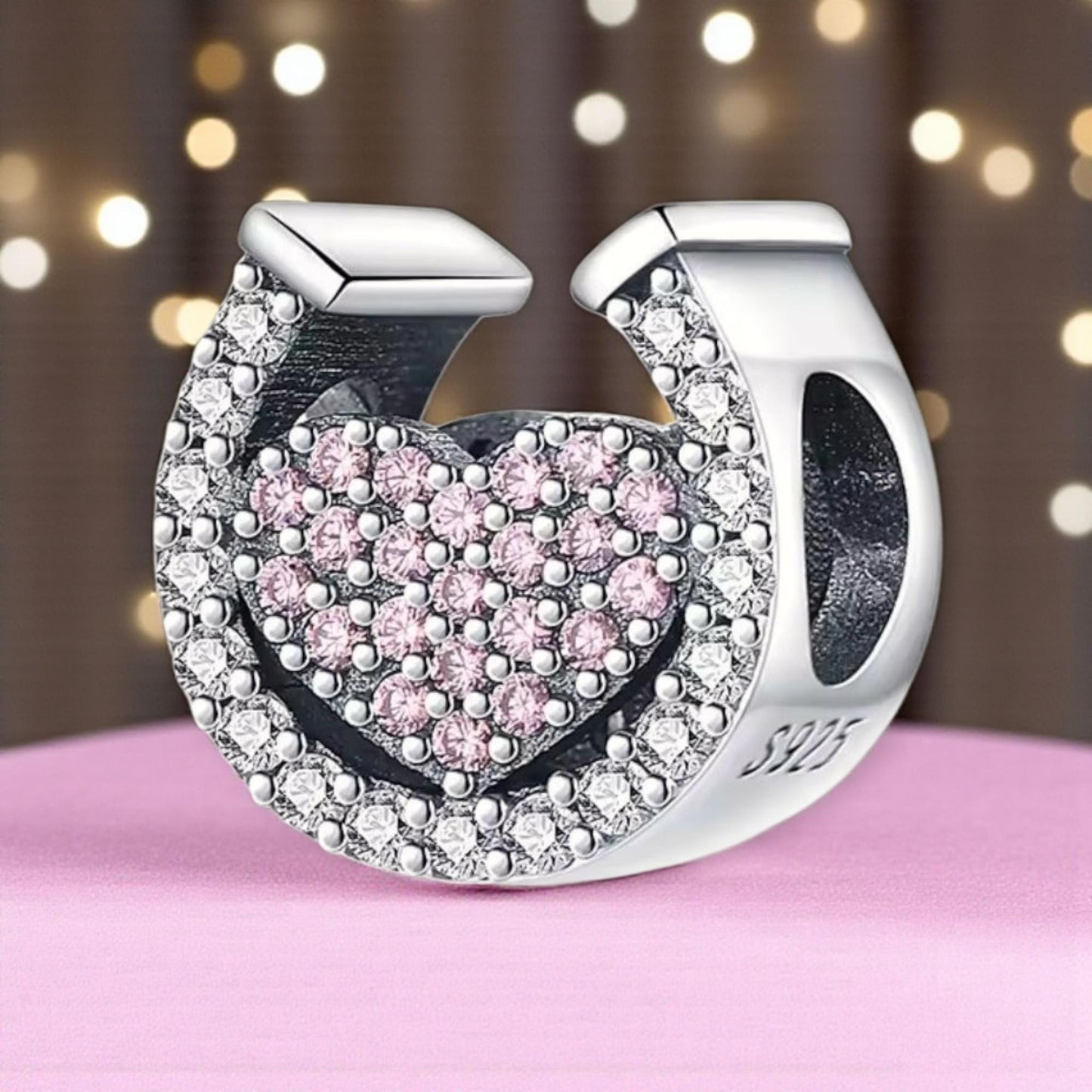 Sterling Silver Pink & Silver Sparkly Horseshoe Charm – Pandora Style Bead, 3mm Core – Horse Lover Gift, Equestrian Jewellery