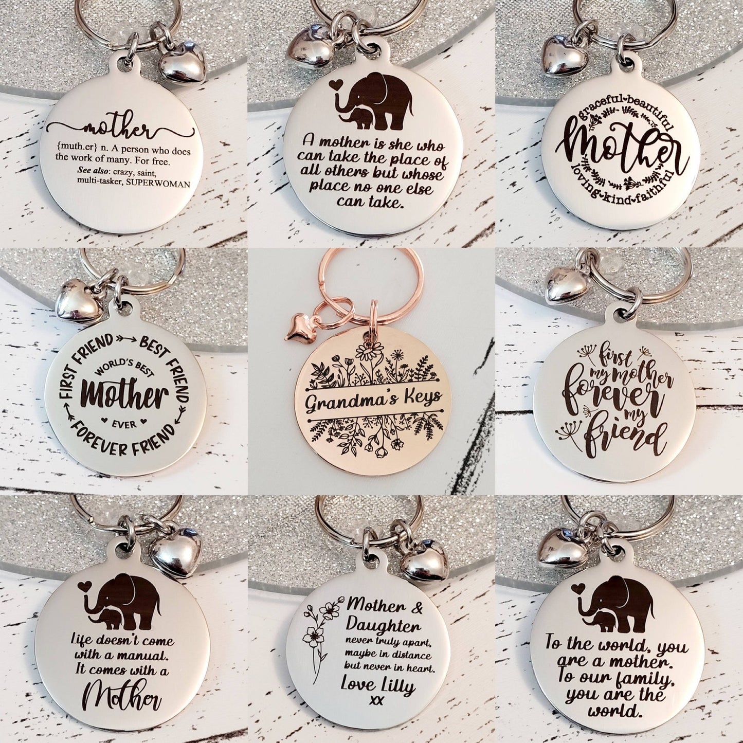 Birth flower mothers day keyring, with personalised message and gift box.