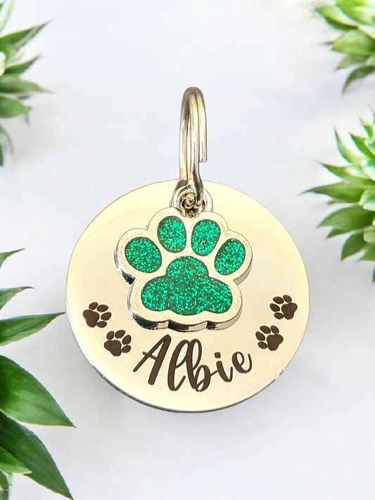 Pet tags engraved, stainless steel available with pink, blue,green, yellow, red or silver paw.