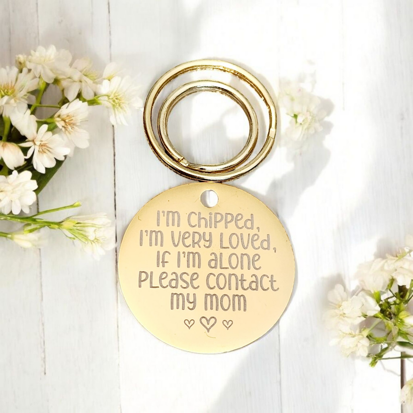 Laser Engraved ‘I’m chipped’ stainless steel disk tag