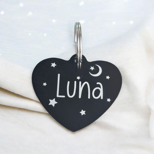 Heart shaped pet ID tags, laser engraved, various fonts to choose from.