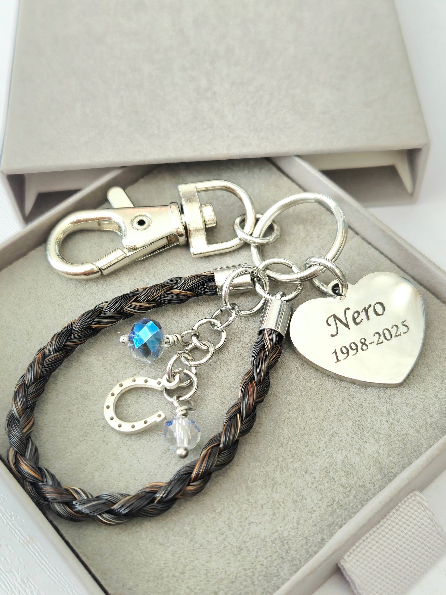 Horse hair / tail woven Keyring with engraved heart fob. Text or photo engraved