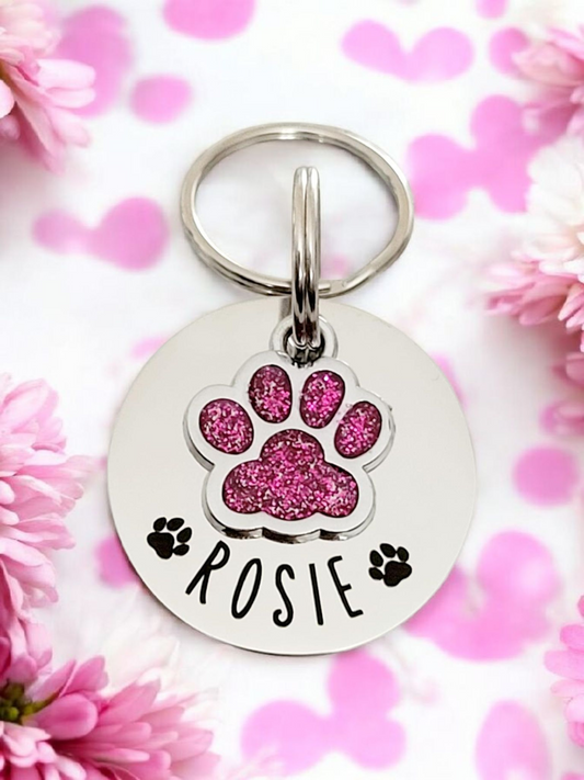 Pet tags engraved, stainless steel available with pink, purple, blue, green, yellow, red or silver paw.