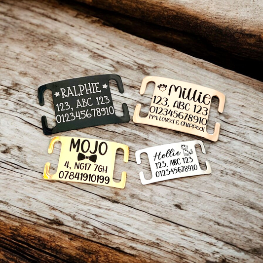 Pet ID collar tags, Stainless Steel slide on, 3 sizes to choose from. Laser engraved.