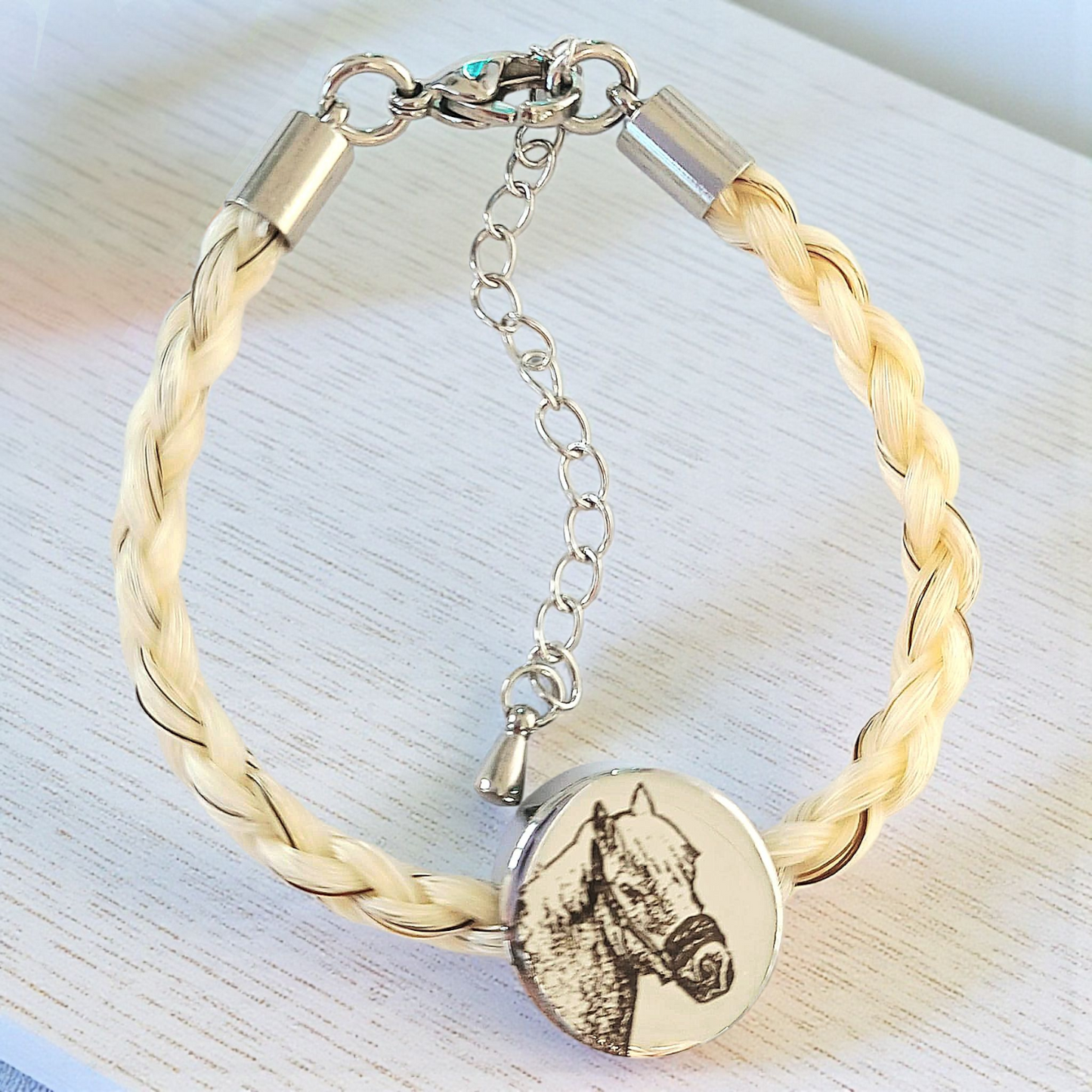 Horse hair / tail woven bracelet with engraved heart fob and photo charm.