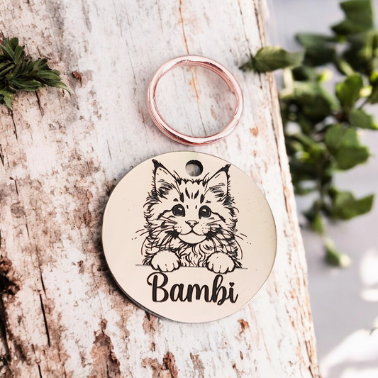 Tiny 20mm or 25mm  cat or kitten ID tags laser engraved, stainless steel available in silver, gold, rose gold and black.
