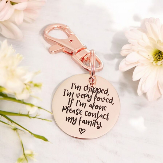 Laser Engraved ‘I’m chipped’ stainless steel disk tag