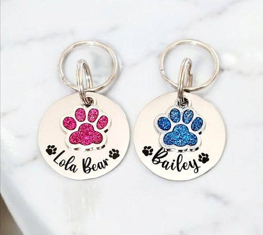 Pet tags engraved, stainless steel available with pink, blue,green, yellow, red or silver paw.