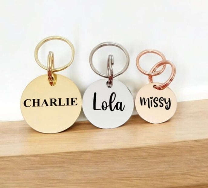 Simple pet ID tags laser engraved, stainless steel available in rose gold, silver, gold and black.