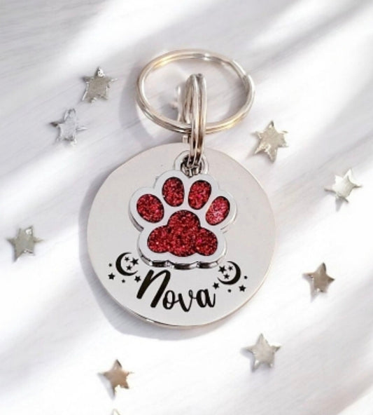 Pet tags engraved, stainless steel available with pink, blue,green, yellow, red or silver paw.