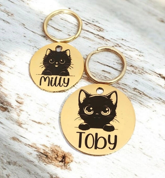 Tiny 20mm or 25mm  cat or kitten ID tags laser engraved, stainless steel available in silver, gold, rose gold and black.