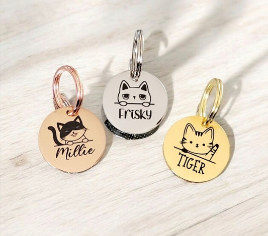 Tiny 20mm or 25mm  cat or kitten ID tags laser engraved, stainless steel available in silver, gold, rose gold and black.