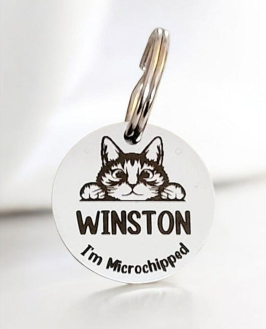 Tiny 20mm or 25mm peeking cat or kitten ID tags laser engraved, stainless steel available in silver, gold, rose gold or black.