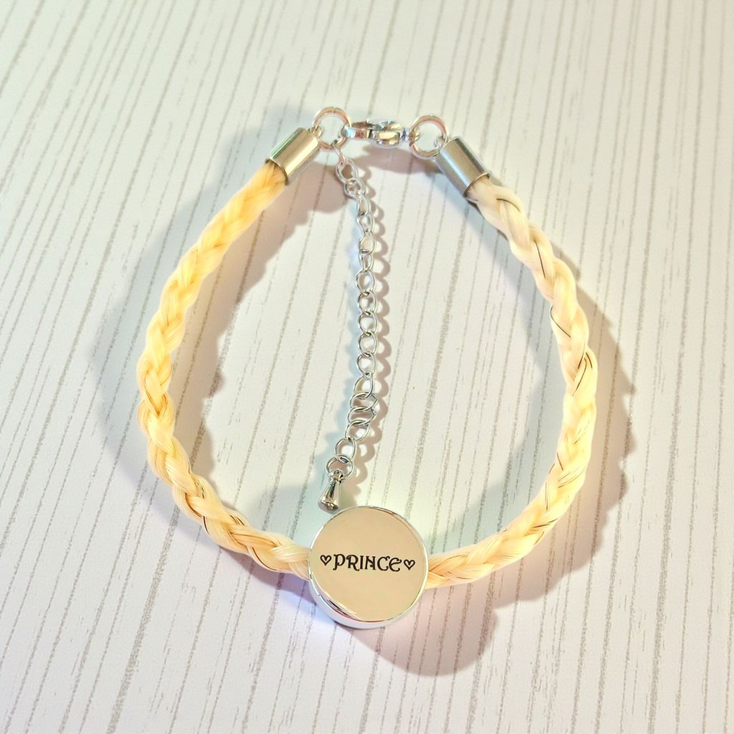 Horse hair / tail woven bracelet with engraved heart fob and photo charm.