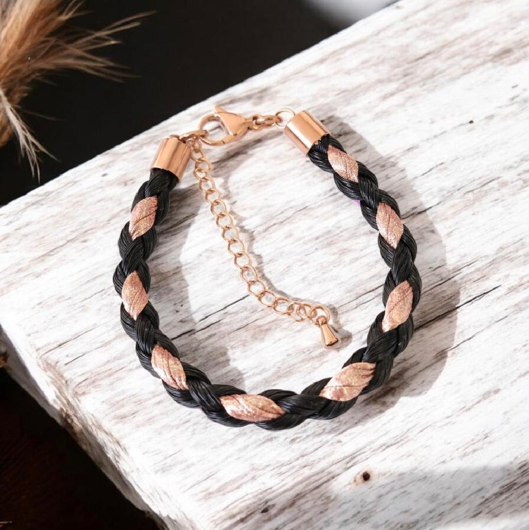 Horse hair / tail woven bracelet with ribbon.