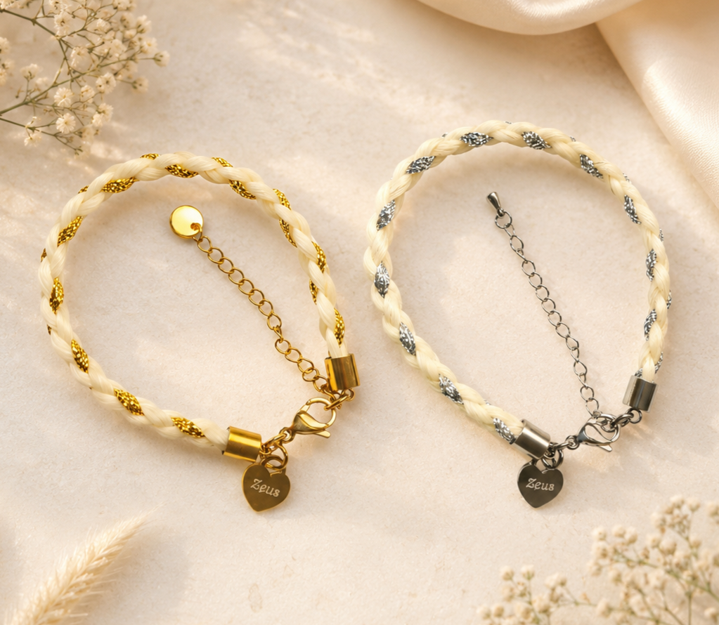 Horse hair / tail woven bracelet with metalic thread.