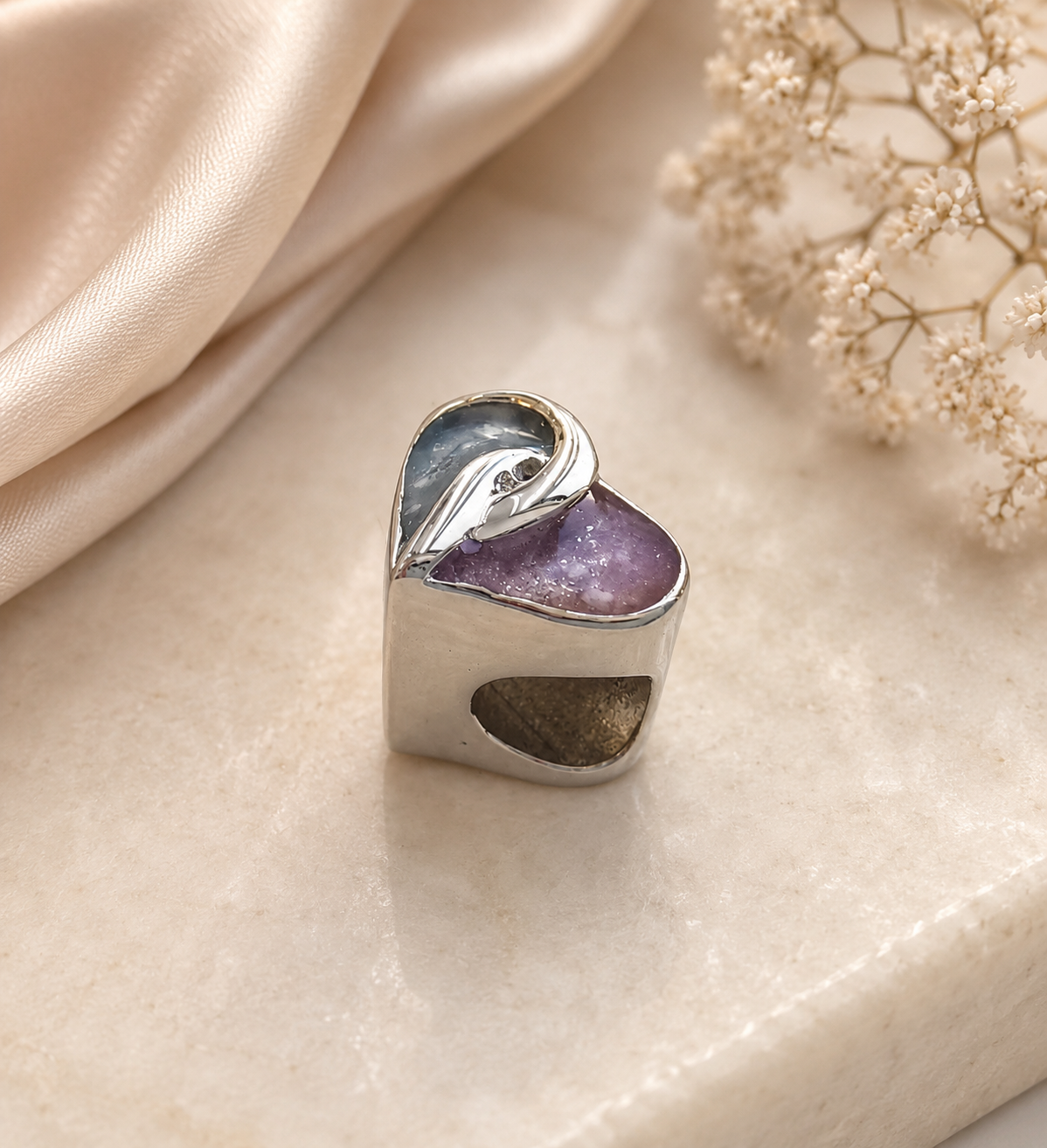 Cremation Ashes or Hair memorial split heart charm to fit snake chain or pandora style bracelet. Engraved on the back. 40 colours to choose from