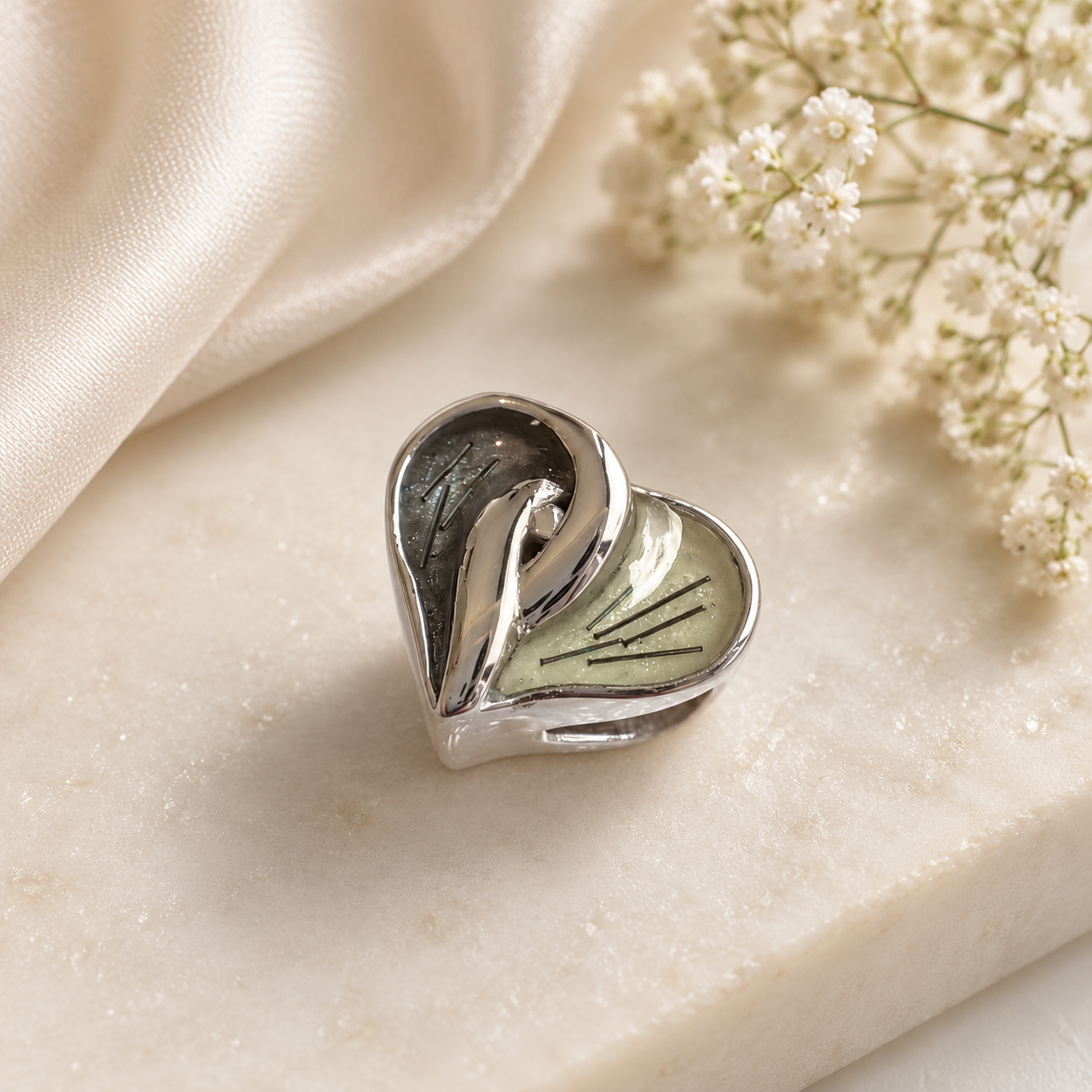 Cremation Ashes or Hair memorial split heart charm to fit snake chain or pandora style bracelet. Engraved on the back. 40 colours to choose from