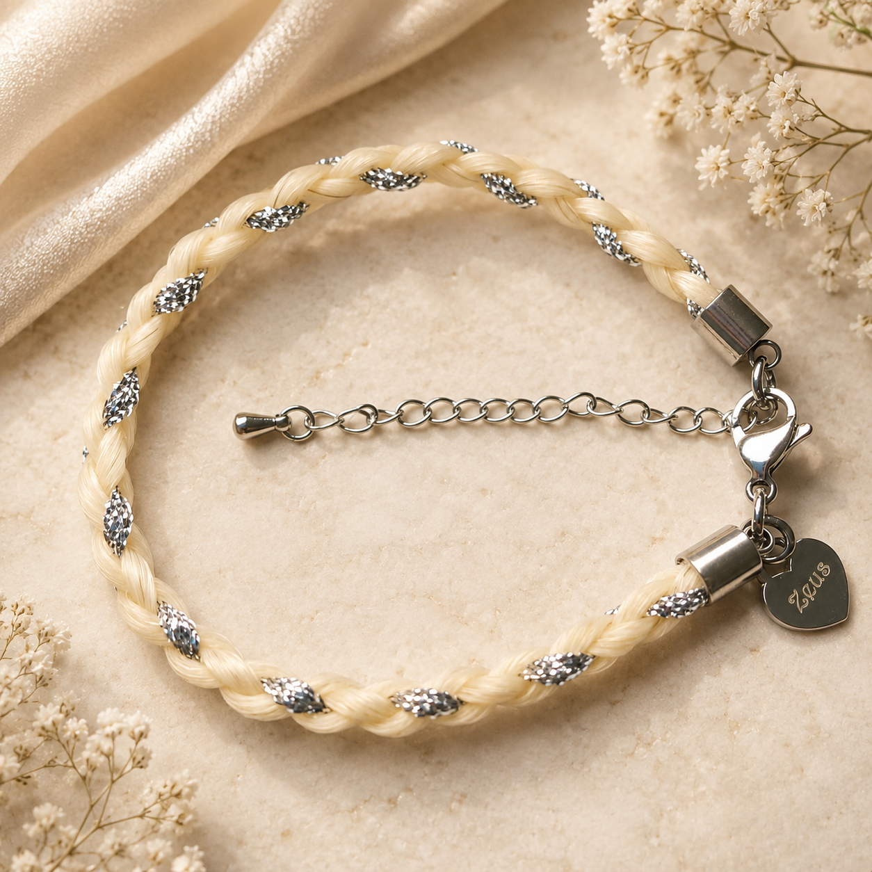 Horse hair / tail woven bracelet with metalic thread.