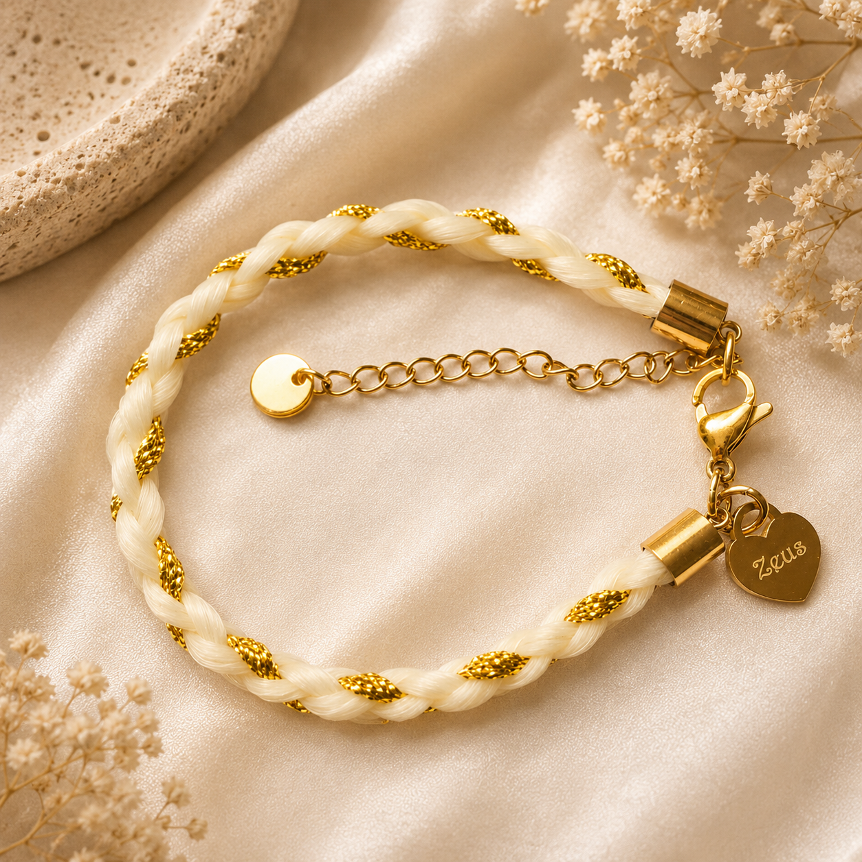 Horse hair / tail woven bracelet with metalic thread.
