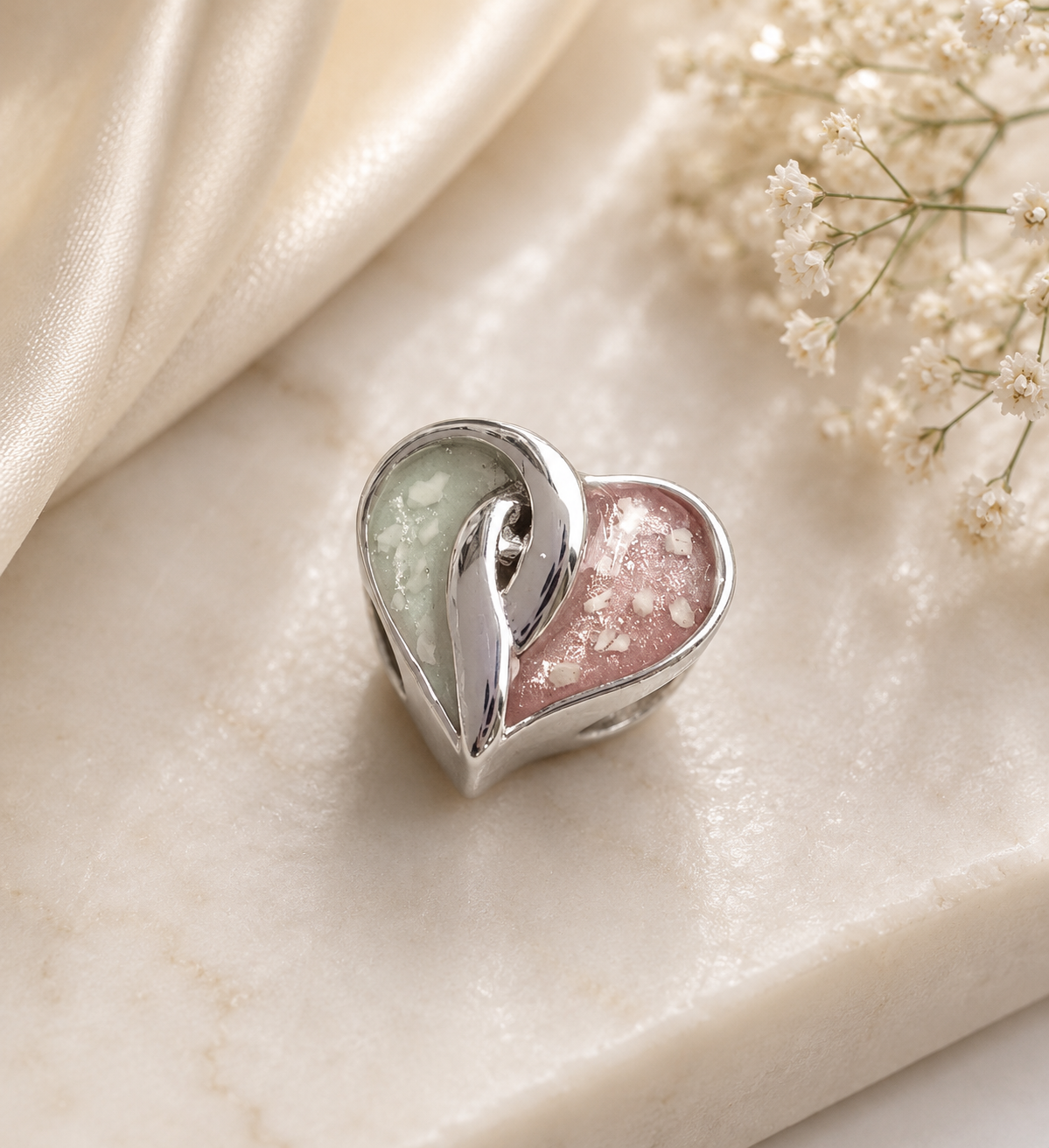 Cremation Ashes or Hair memorial split heart charm to fit snake chain or pandora style bracelet. Engraved on the back. 40 colours to choose from