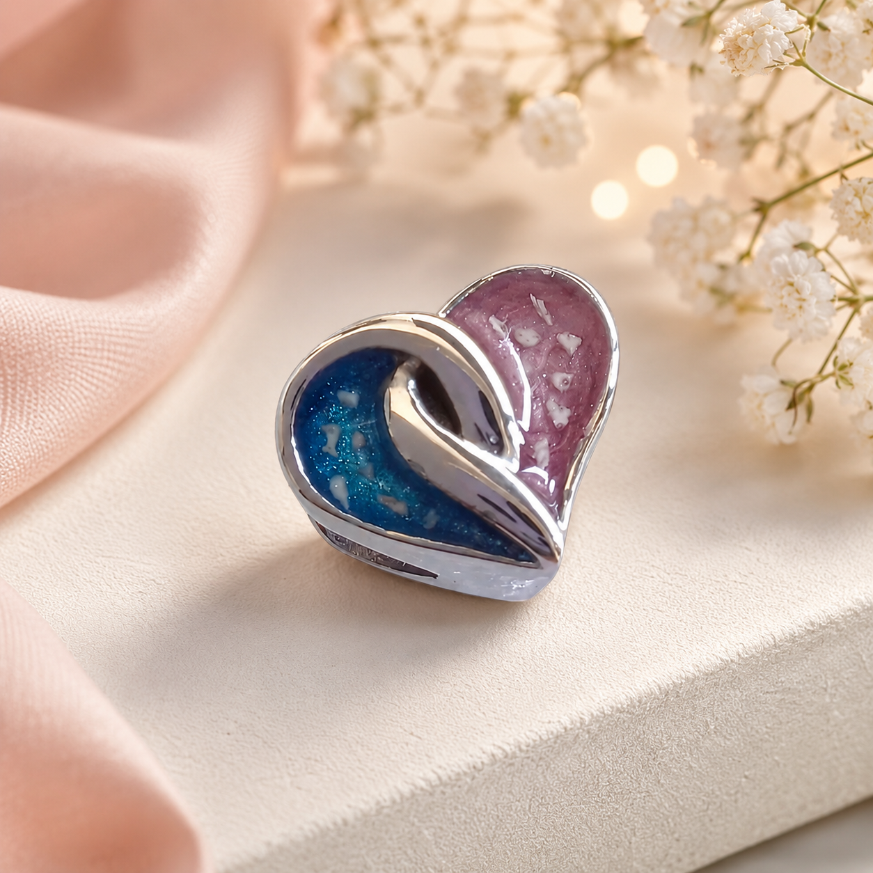 Cremation Ashes or Hair memorial split heart charm to fit snake chain or pandora style bracelet. Engraved on the back. 40 colours to choose from
