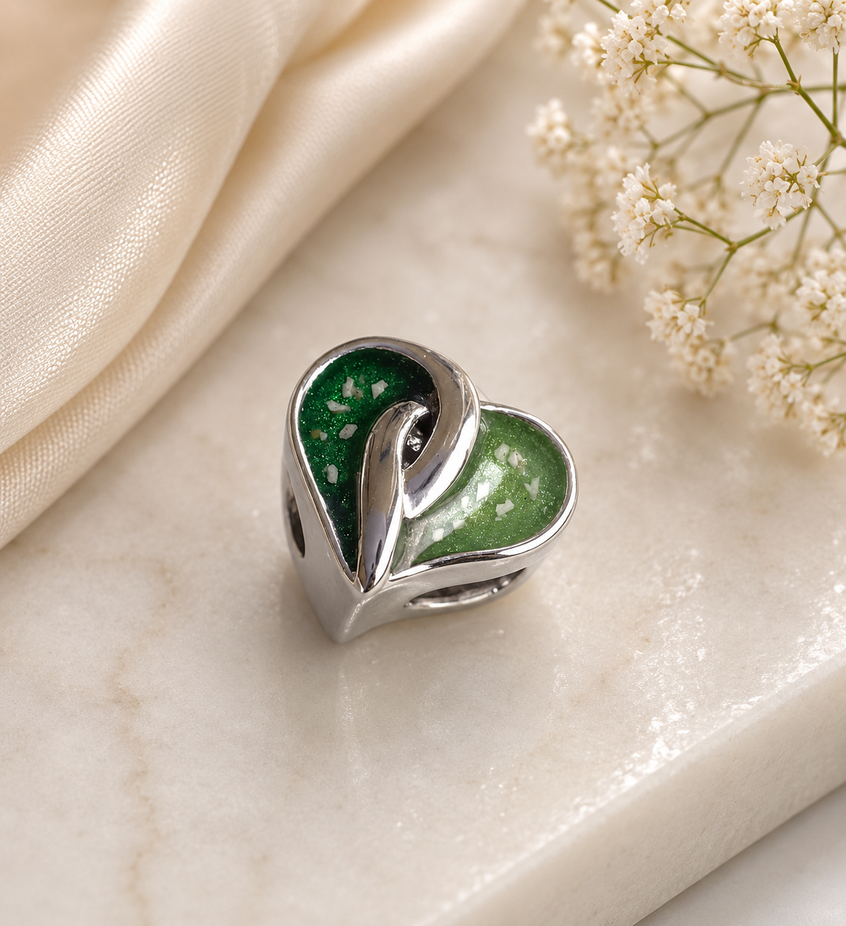 Cremation Ashes or Hair memorial split heart charm to fit snake chain or pandora style bracelet. Engraved on the back. 40 colours to choose from