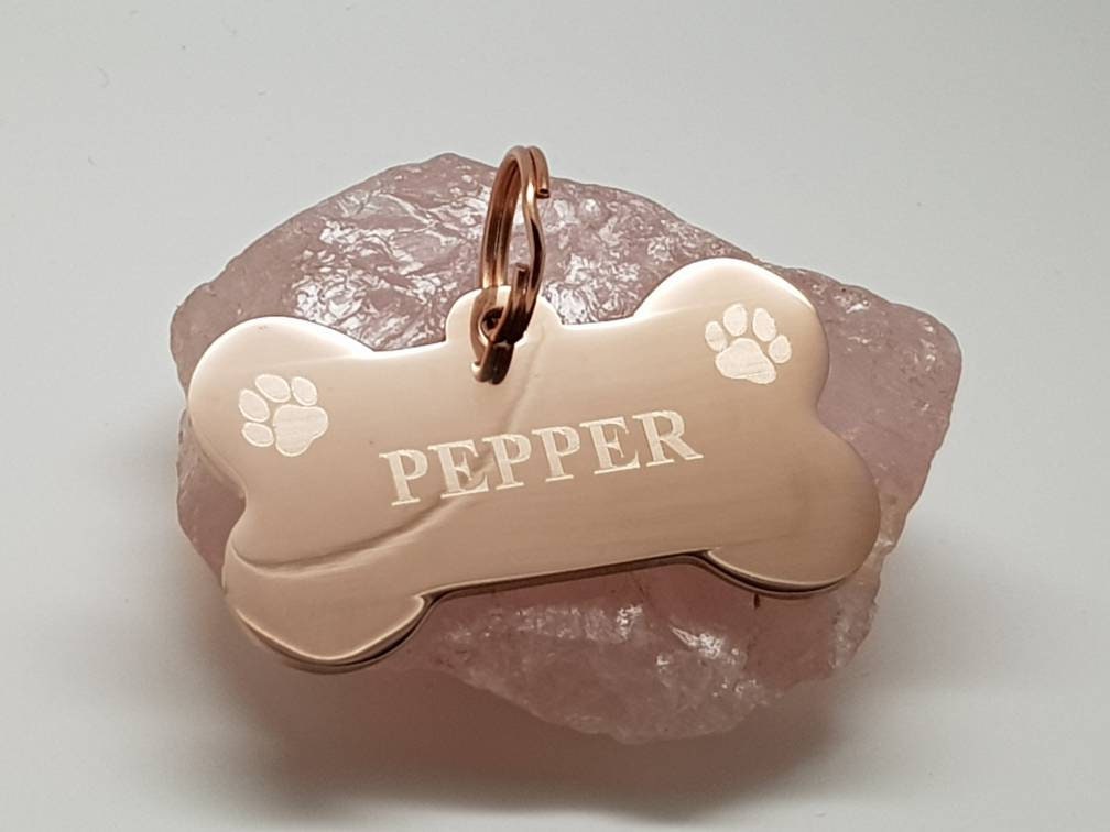 Bone shaped pet ID tag, dog tag, collar tag, cat tag, various colours, engraved