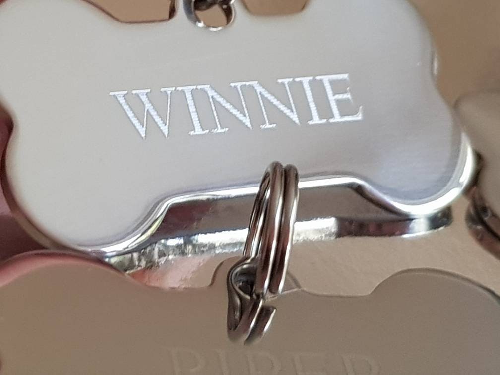 Bone shaped pet ID tag, dog tag, collar tag, cat tag, various colours, engraved