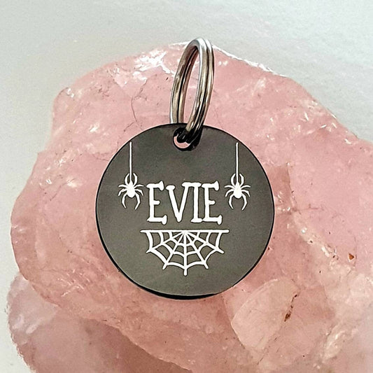 Halloween themed pet ID tag, spiders and cobwebs. 25mm, 30mm and 35mm.