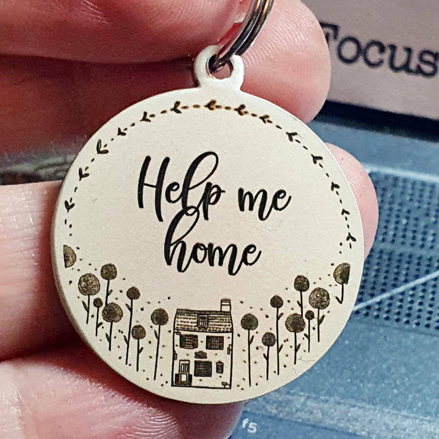 Gorgeous 'help me home pet ID tag, laser engraved, available in silver, gold, rose gold, brass and Black.
