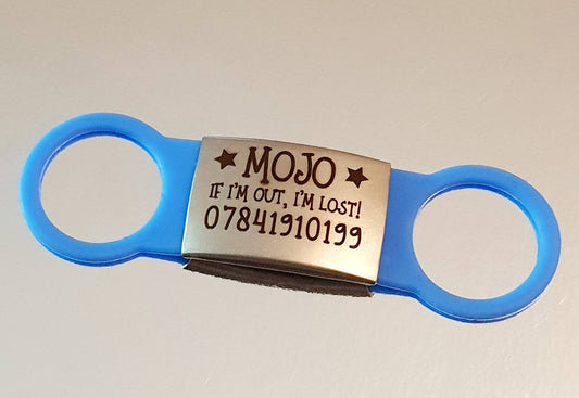 Slide on silicone and stainless Steel pet ID tags, 2 sizes and 4 colours to choose from. Laser engraved.