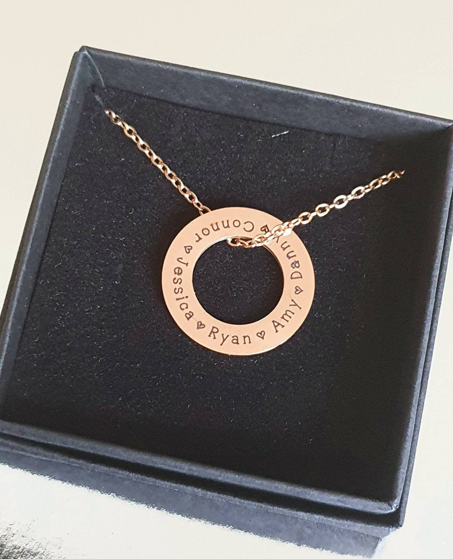 Laser engraved stainless Steel washer necklace, family names gift