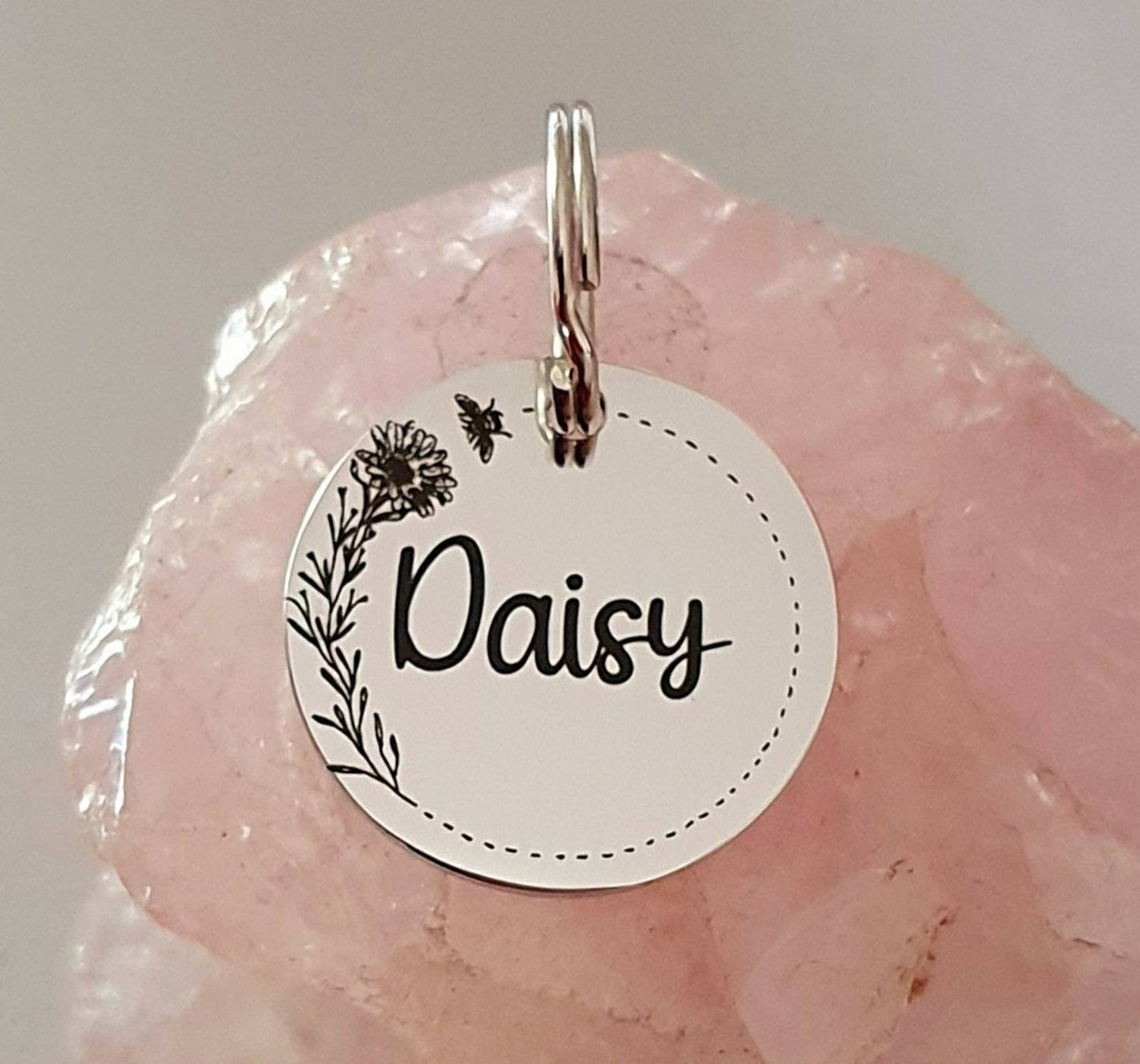 Lovely bumblebee and sunflower design pet ID tag, laser engraved, available in silver, gold, rose gold, brass and Black.