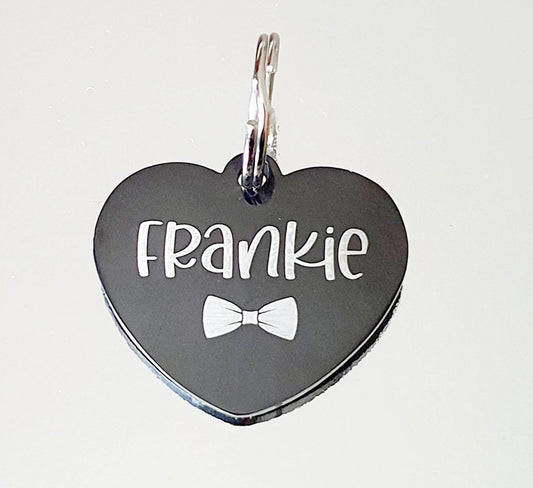 Bowtie design Black Stainless Steel heart pet ID tag.  Laser engraved.