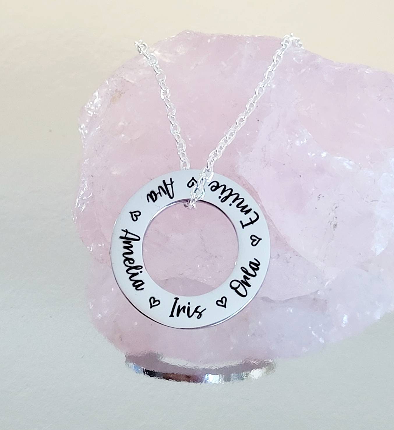 Laser engraved stainless Steel washer necklace, family names gift