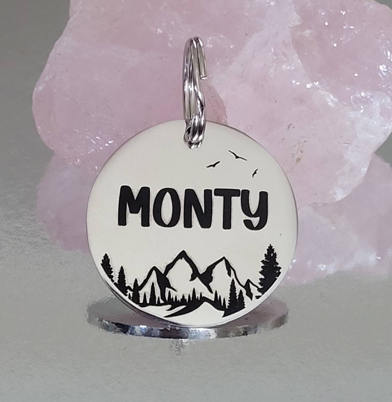 Mountain design pet ID tag, laser engraved, available in silver, gold, rose gold  and Black.